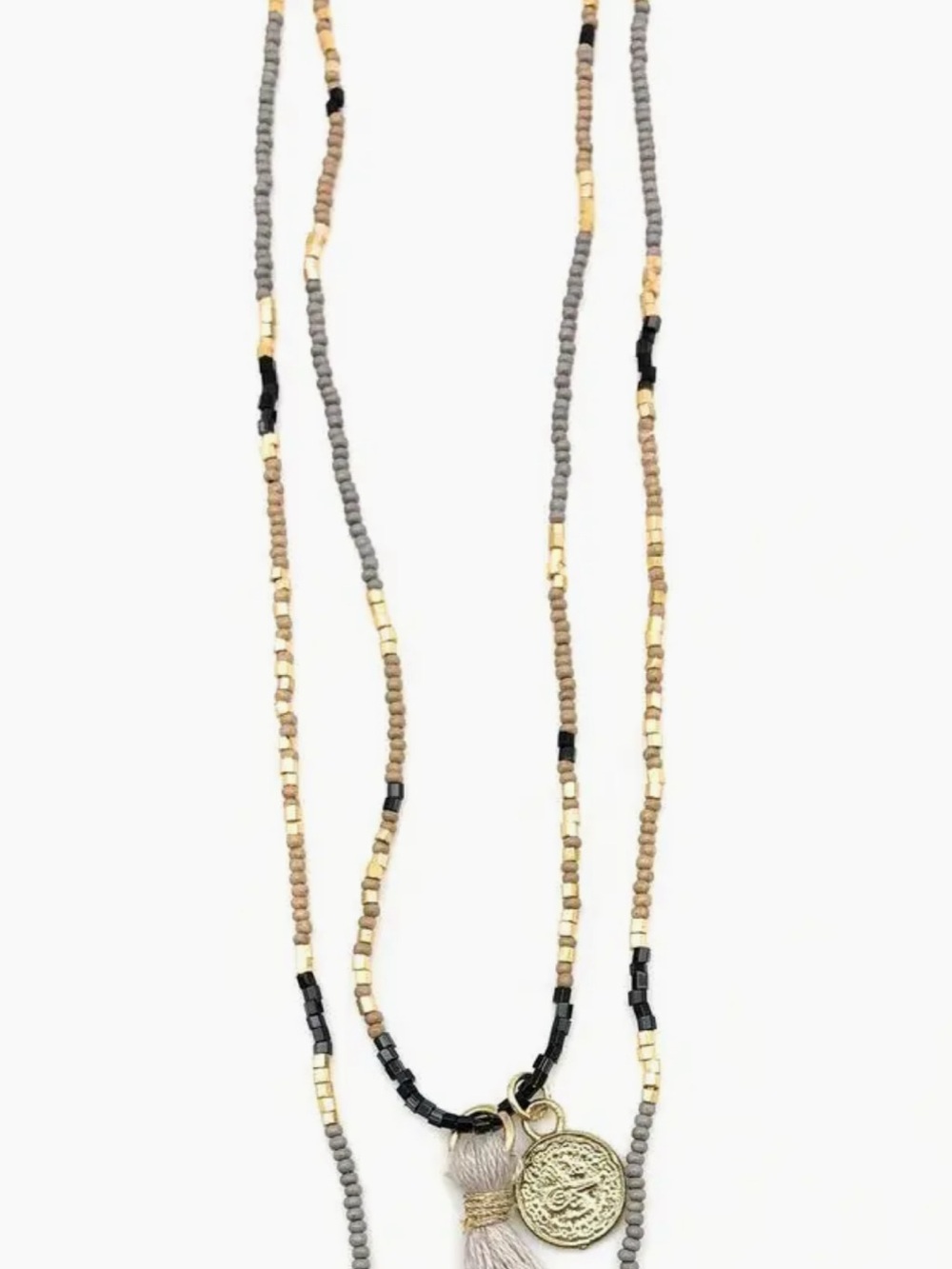 Layered Beaded Necklace with Gold Coin & Tassel - Black, Gray, Tan